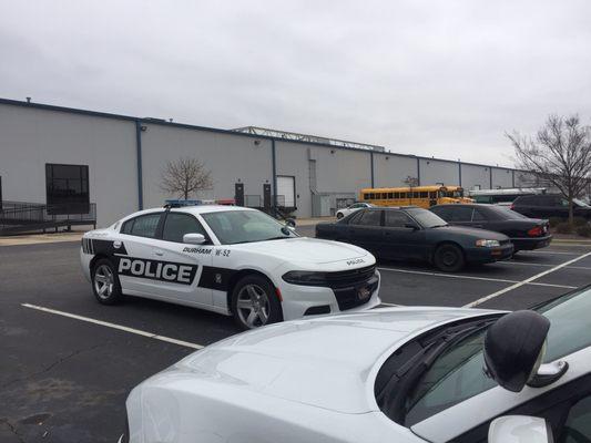 The parking lot - church is across from police station so squad cars share the parking