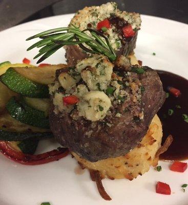 Tournedos of Beef with Bleu Cheese Gratin. Twin 4oz Beef Tenderloin Medallions Pan Roasted, Finished with  Blue Cheese and Panko Bread Crumb