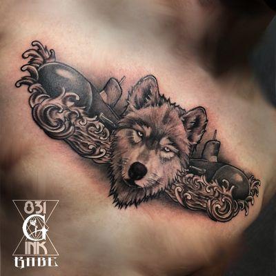 Submarine wolf chest tattoo done by Gabe 831 Ink tattoo studio, Monterey's premier tattoo studio.