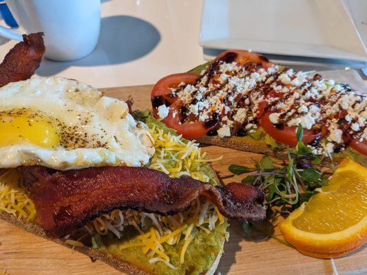 Avocado toast.  Tomato goat cheese, bacon egg.