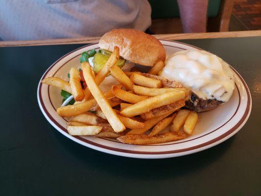 Mushroom swiss burger and fries