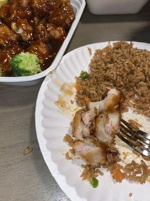 Undercooked General Tso's chicken with fried rice