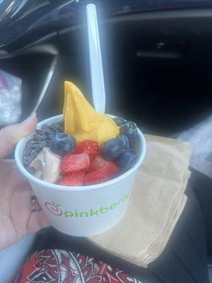 Chocolate Hazelnut and Mango frozen yogurt with fresh blueberries and strawberries