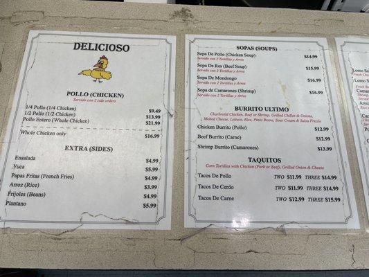 Menu at the counter