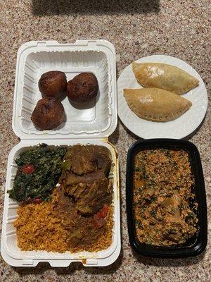 Take out order of Curry goat platter with the puffs, beef patties(a bit dry) and our left over egusi soup.