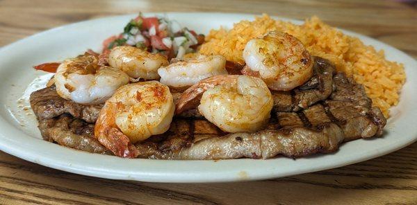 T-bone steak and shrimp