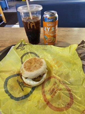 New Jalapeño Cheesy Sausage Egg Mcmuffin with  a Sunny D Ryse Fuel Energy Drink, & a Diet Coke!