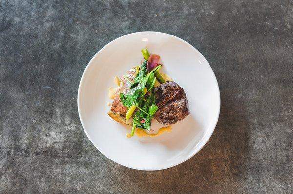 Filet Mignon with Asparagus, Spinach, and Duck Fat Potato Galette