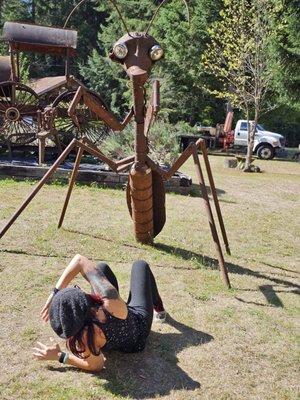 Fallen damsel in distress, trying to escape a preying mantis!