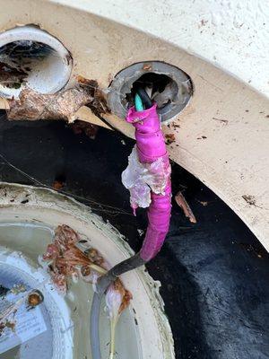 Extremely dangerous! Part of an electrical wire was found hanging into a pool skimmer basket.