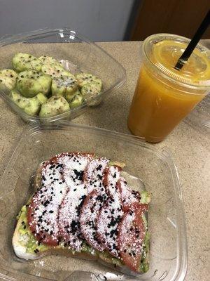 avocado toast w/ cucumbers, orange and cantaloupe juice & prickly pears sliced