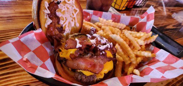 Bacon burger with cheese and fries