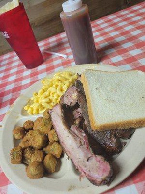 Combo plate - Ribs, jalapeño cheese sausage, Mac n cheese, and fried okra