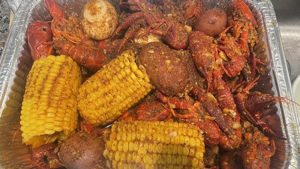 Crawfish (hot with Mr. & Mrs. Crab sauce) added eggs.