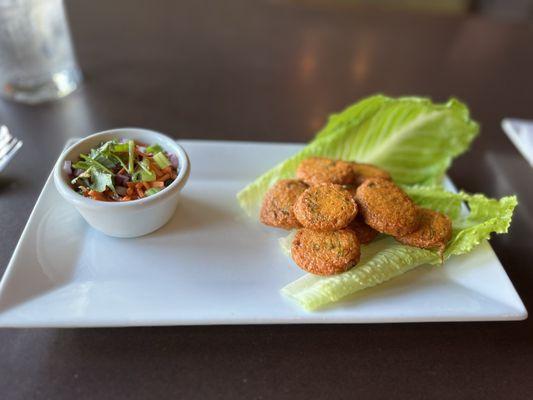 Fried Fish Cakes with cucumber relish