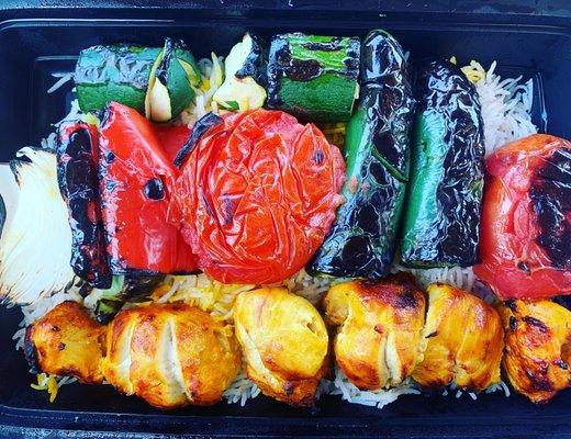 Chicken Kabob with rice and grilled vegetables