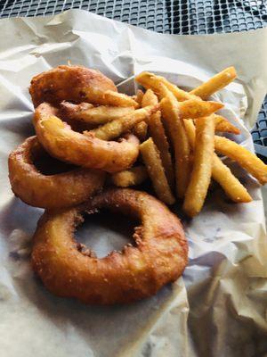 Half Fries + Half O-Rings  Fries were hot and delicious- O-Rings were too greasy. Customer service was great!