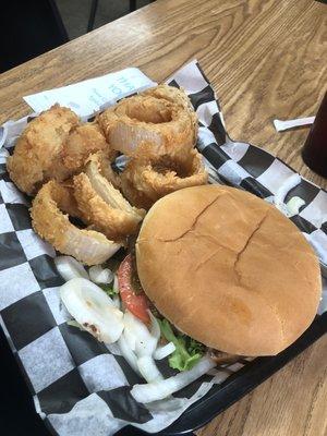 Bacon cheeseburger and onion rings