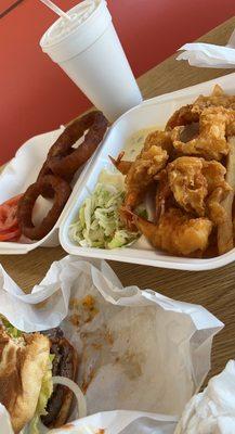 Fried shrimp dinner , Double cheese burger and root beer freeze