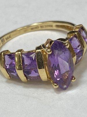 ~ Gold Fashion Jewelry ~ Rings ~ Gem ~
 14k Yellow Gold Amethyst  Marquise w/ Princess Stones Set Ring.  Size: 6.5