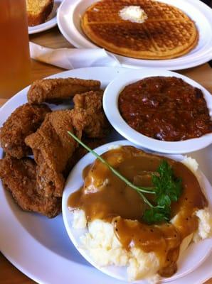 Drummets with a side of chili, mash potato, cinnamon waffle, cornbread