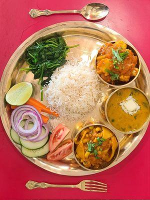 Thakali Thali lunch set
Options: Vegetarian,  Chicken, Lamb, Pork, Goat curries