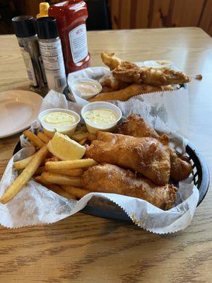 Fish and chips and fried pickles.