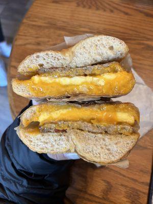 Sausage egg and cheese on Asiago