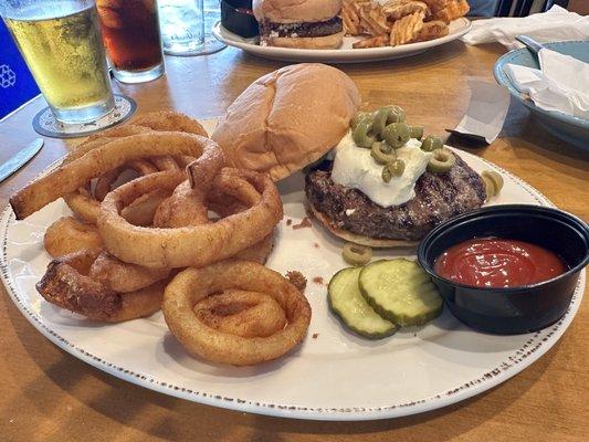 Olive Burger and Onion Rings