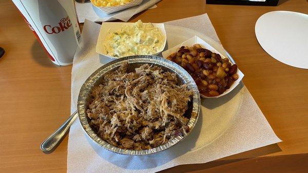 One Pound of Slow Smoked Moist Pulled Pork with Potato Salad and BBQ Baked Beans