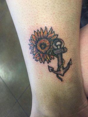 Sunflower anchor ankle tattoo