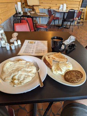 Biscuits and gravy, sausage eggs and toast