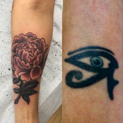 Right-my old Tat done by Andy in 2007. Left side- new Cover up by the same artist! Awesome coverup. Beautiful shading and details!