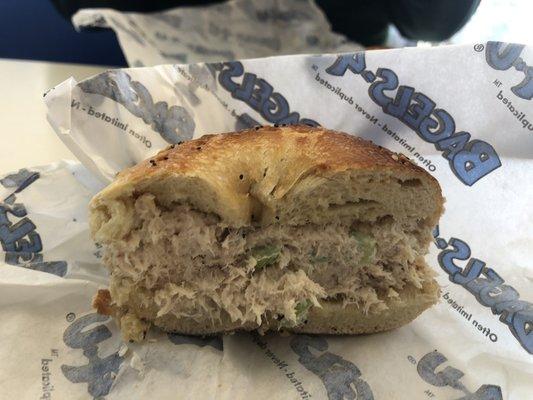 Tuna salad on everything bagel.