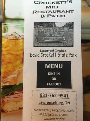 Crockett's menu cover page