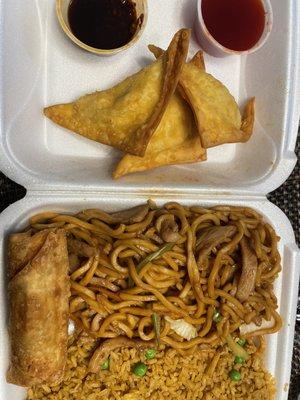 Chicken lo mien with Crab Rangoon(top) and roll.