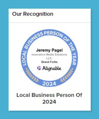 Jeremy Pagel's award for Grand Forks, ND local business person of the year in 2024. (Voted)