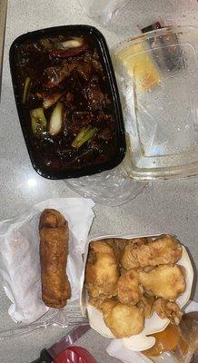 Mongolian Beef, 133. Sweet and Sour Chicken, Egg Roll