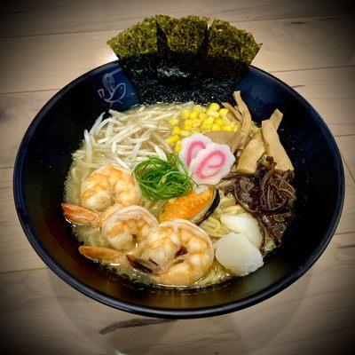 Miso Ramen with Seafood, Fish Cake, Bamboo Shoots, Nori Seaweed, Bean Sprouts, Black Fungus (All Seafood Ramen doesn't come with Boiled Egg)