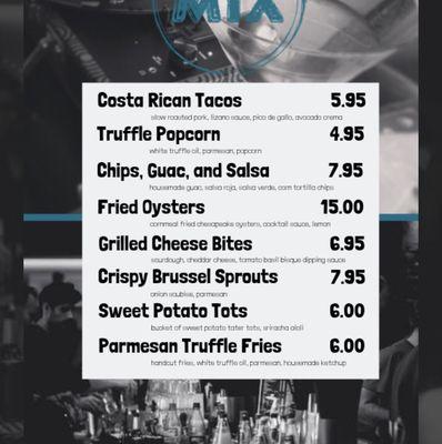 Snack Menu - April 2019 (can also order from the full Hutch restaurant menu). Costa Rican Tacos (2/order) are delicious.