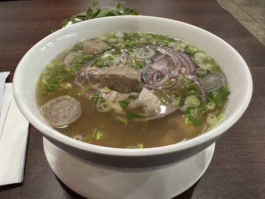 Pho with meatballs, beef tendon, and mignon. Perfect for trying a little of everything beef.