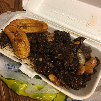 $11 Small oxtail Entree. Well seasoned & fall apart! Large peas too. Cabbage or plantain option