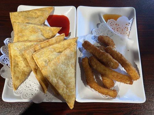 Crab Rangoon and calamari.