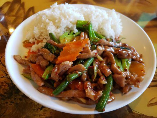 Spicy Pork with Green Beans, mixed vegetables and white rice.