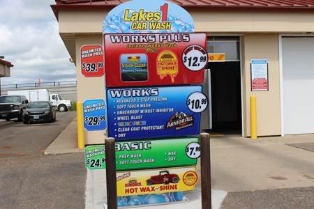 Car wash in Lino Lakes, MN offering Basic, Works and Works Plus wash options.