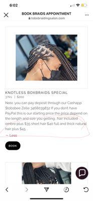 My price was $350 she charged me for the hair to. I stayed there from 11-5 for 20 braids