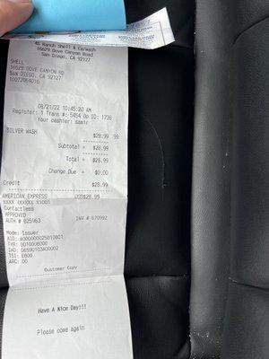 Receipt and damage to leather seat.