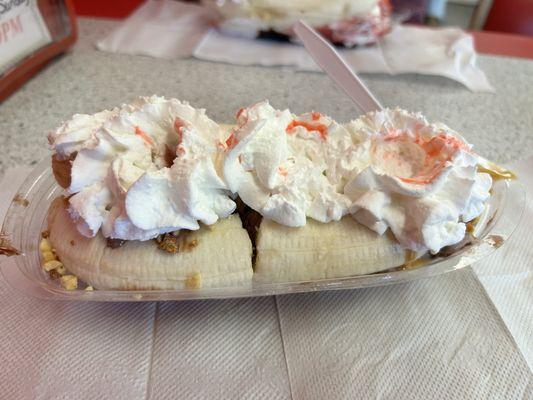 My creation Banana Split.   3 scoops Double Peanut Butter Crunch ice cream with Banana and Peanut Butter sauce!