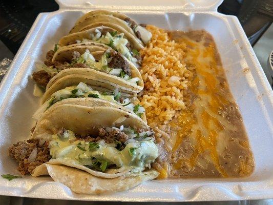 5 Street Tacos (take out):  Shredded beef and Asada beef!  Very good!  Beautiful plated. 5stars