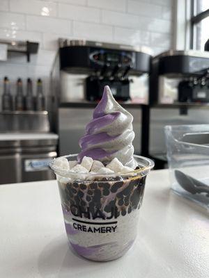 Ube and Black Sesame Swirl with boba and mochi